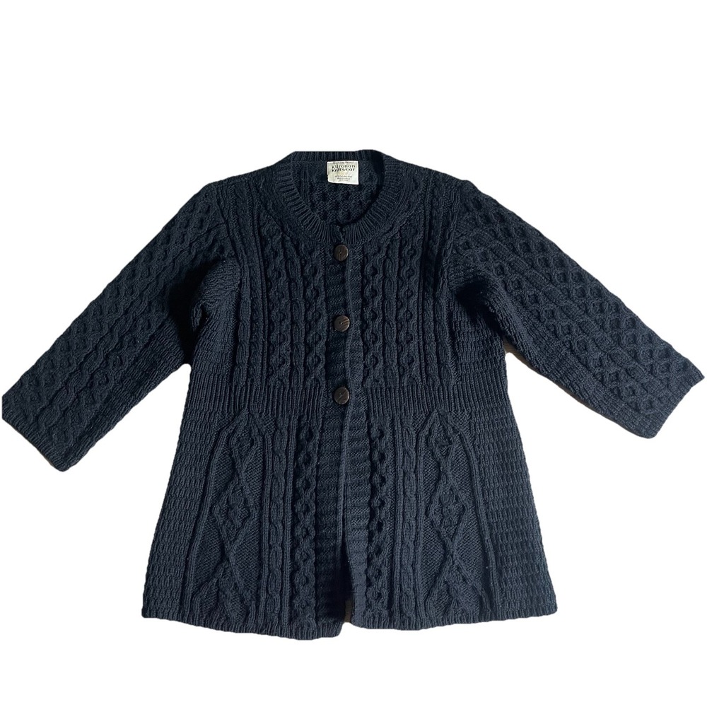 Kilronan Knitwear Ireland Merino Wool Cable Knit Cardigan Sweater Black Small